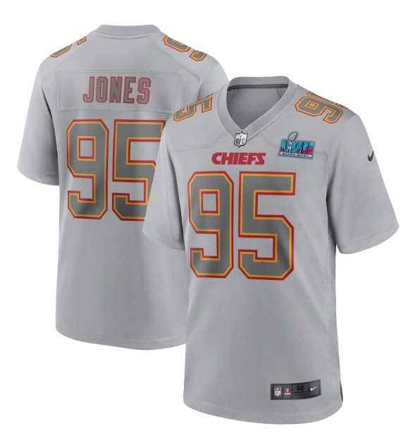 Mens Kansas City Chiefs #95 Chris Jones Gray Super Bowl LVII Patch Atmosphere Fashion Stitched Game Jersey1->kansas city chiefs->NFL Jersey